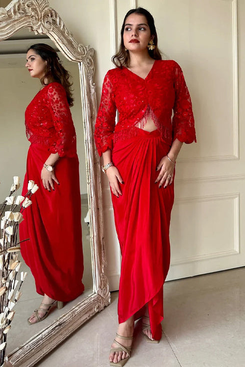 Red Embroidered Fusion Drape Skirt Set